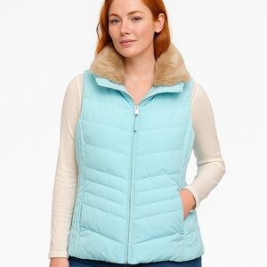 Talbots Genuine Down Puffer Vest Faux Fur Collar Petite Small PS BJ2